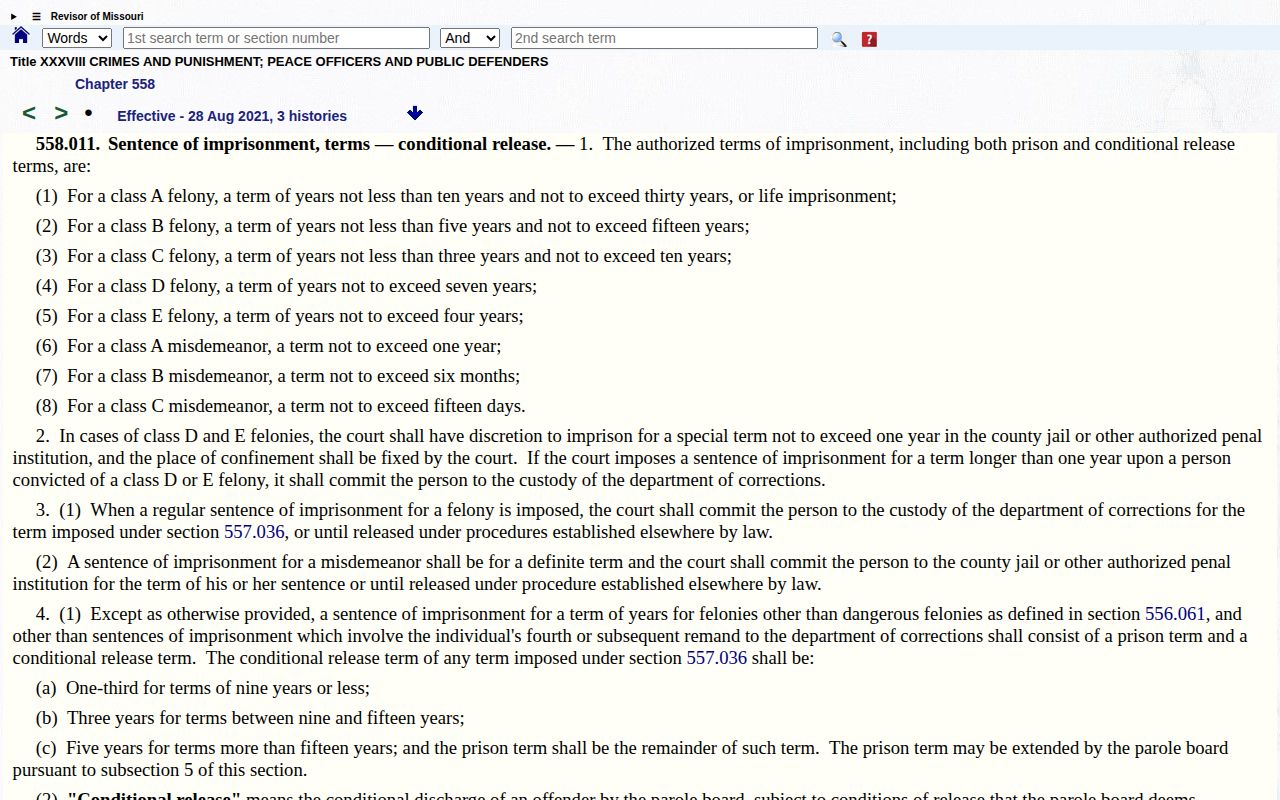 Missouri conditional formula for Pemiscot County projected release dates